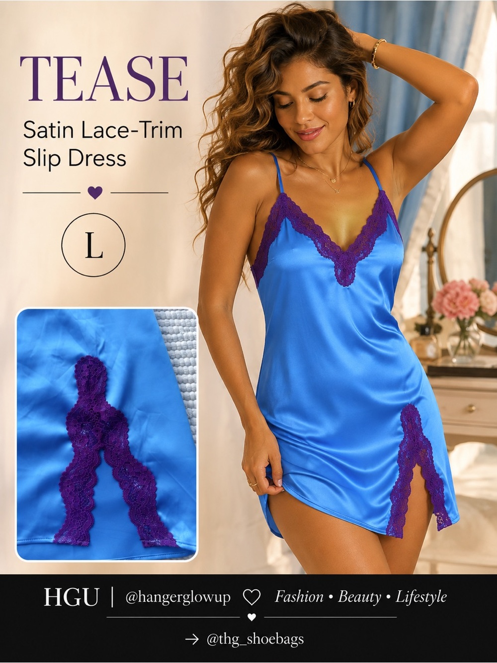 Victoria’s Secret Tease Blue Satin Purple Lace Chemise Slip Dress L NWT